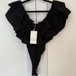 Zara Bodysuit / Black Ruffle Top